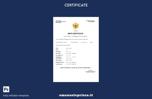 certificato di nascita del Montenegro in stile verificato modello Word e PDF